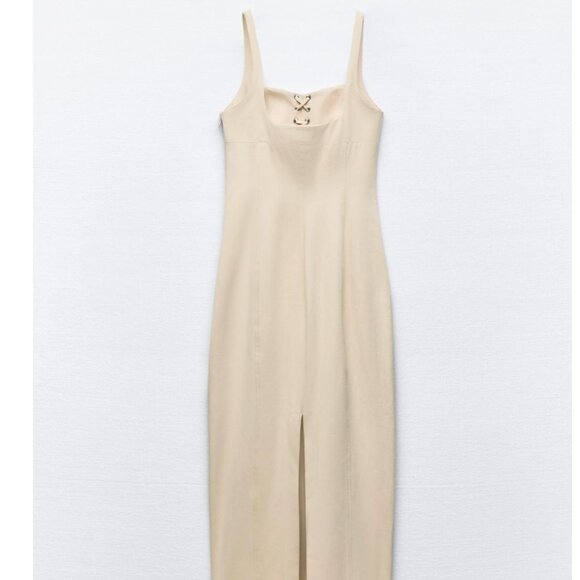 Zara Midi Dress with lace-up drawstring - S - Sand - Picture 10 of 11